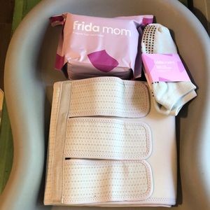 Fridamom C-section recovery kit items: ab binder, high waisted briefs, socks